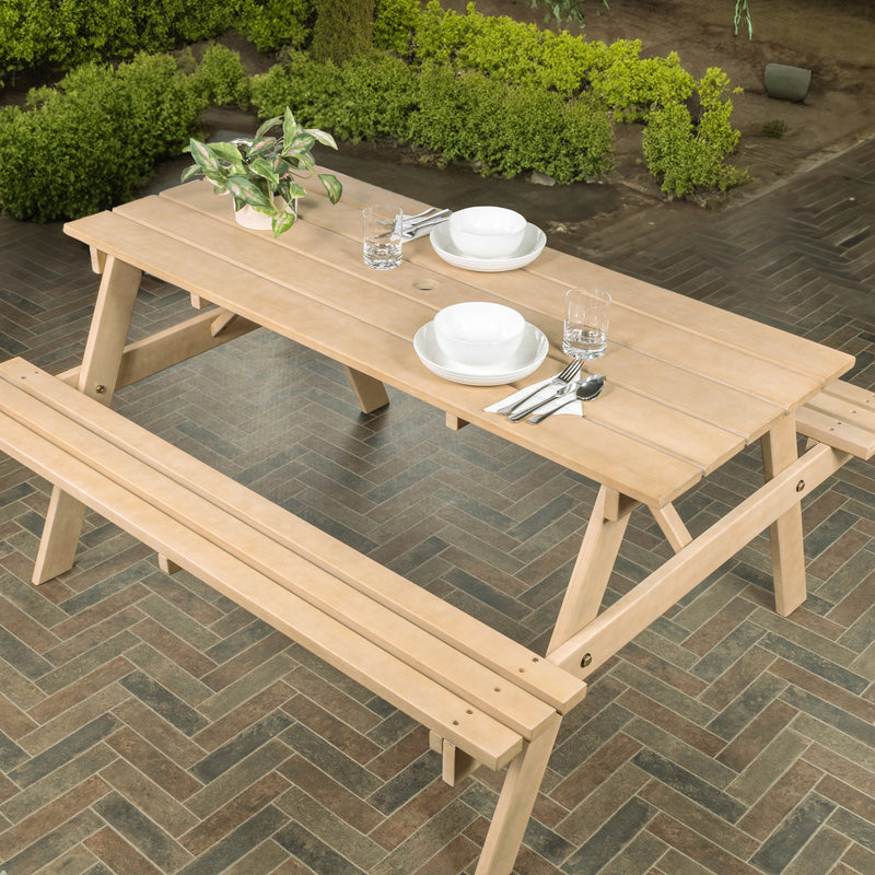 Shoreham 59" Modern Classic Outdoor Wood Picnic Table Benches with Umbrella Hole