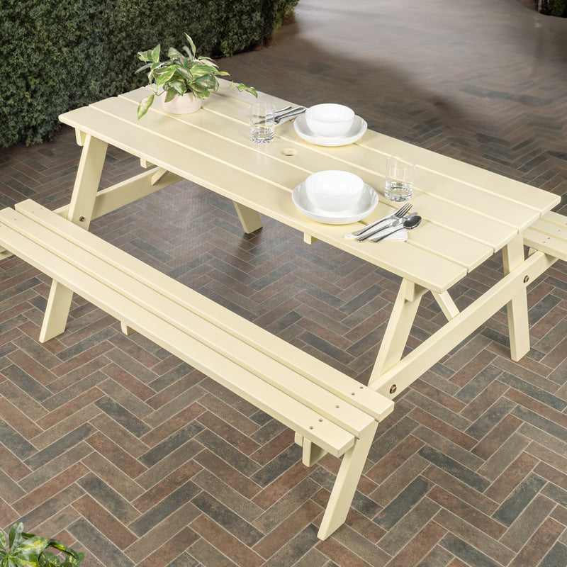 Shoreham 59" Modern Classic Outdoor Wood Picnic Table Benches with Umbrella Hole
