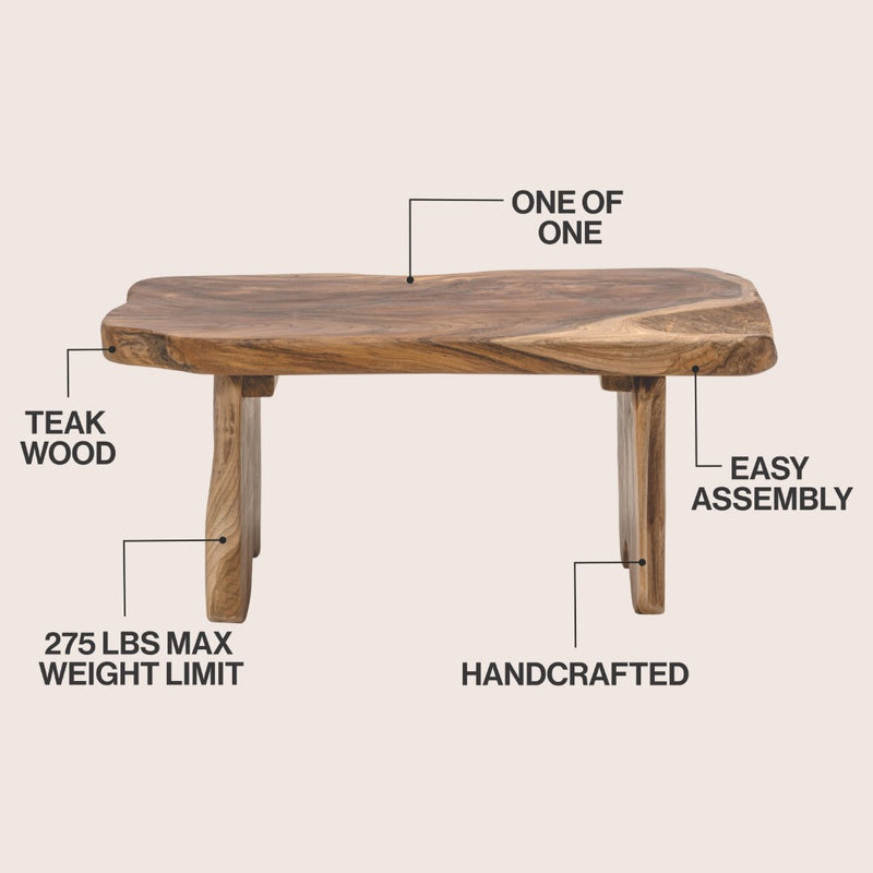 Stumpy 35.4" Handcrafted Rustic Minimalist Live Edge Solid Teak Wood Entryway Bench