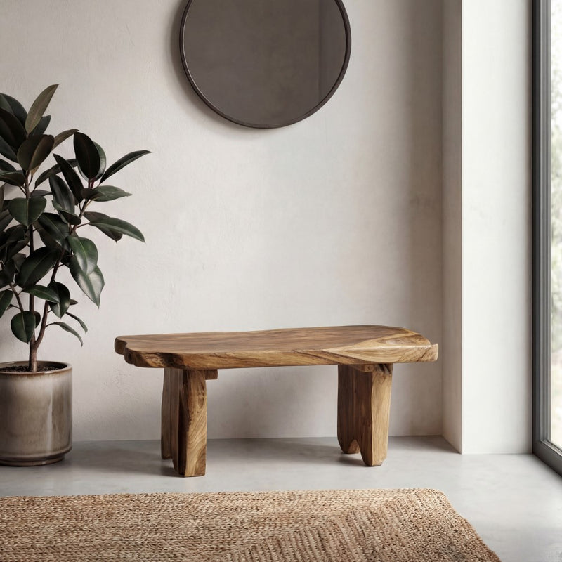 Stumpy 35.4" Handcrafted Rustic Minimalist Live Edge Solid Teak Wood Entryway Bench
