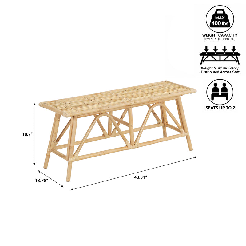 Spade 43.3 in. Coastal Bohemian 2-Seat 400-Lbs Support Handmade Slatted Rattan Bench - Natural
