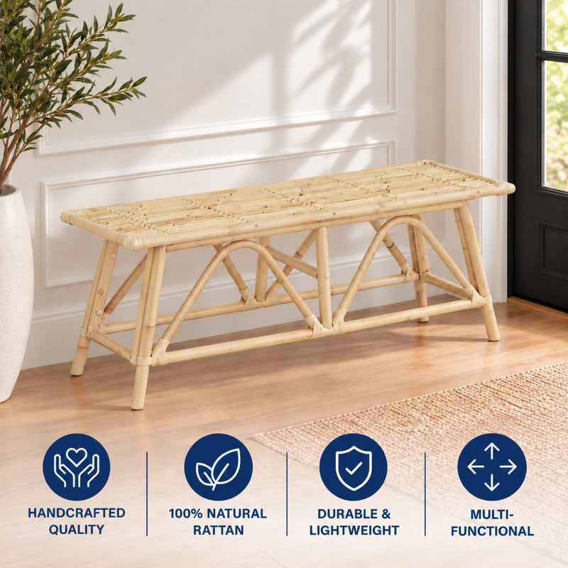 Spade 43.3 in. Coastal Bohemian 2-Seat 400-Lbs Support Handmade Slatted Rattan Bench - Natural