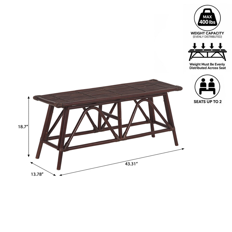 Spade 43.3 in. Coastal Bohemian 2-Seat 400-Lbs Support Handmade Slatted Rattan Bench - Dark Brown