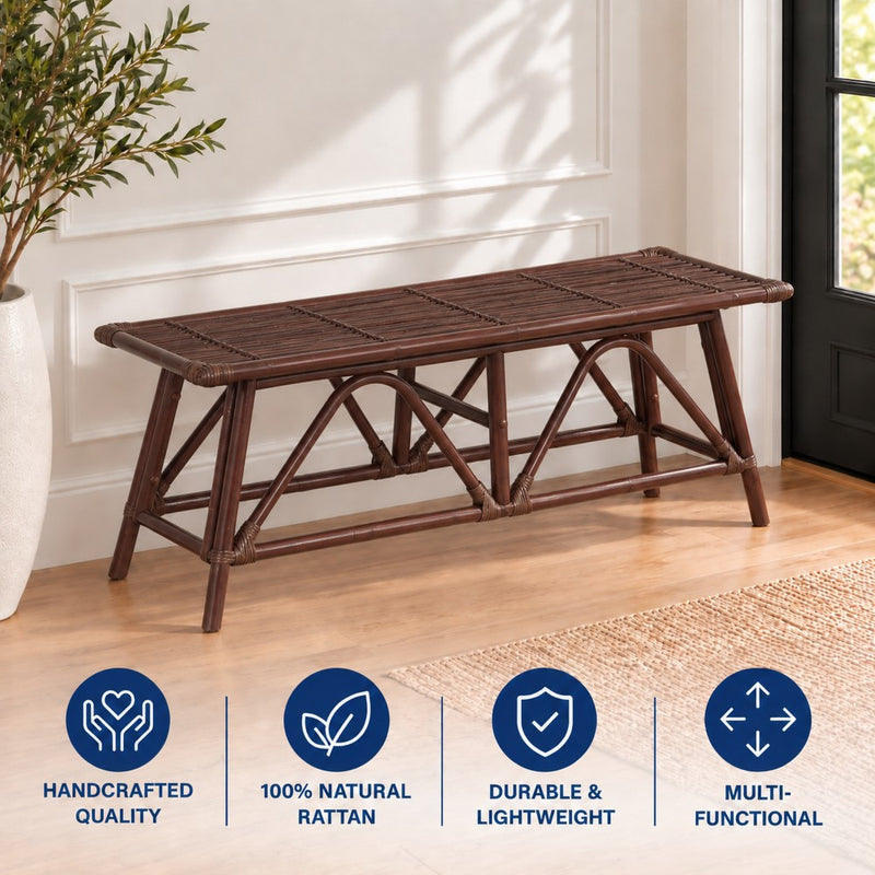 Spade 43.3 in. Coastal Bohemian 2-Seat 400-Lbs Support Handmade Slatted Rattan Bench - Dark Brown