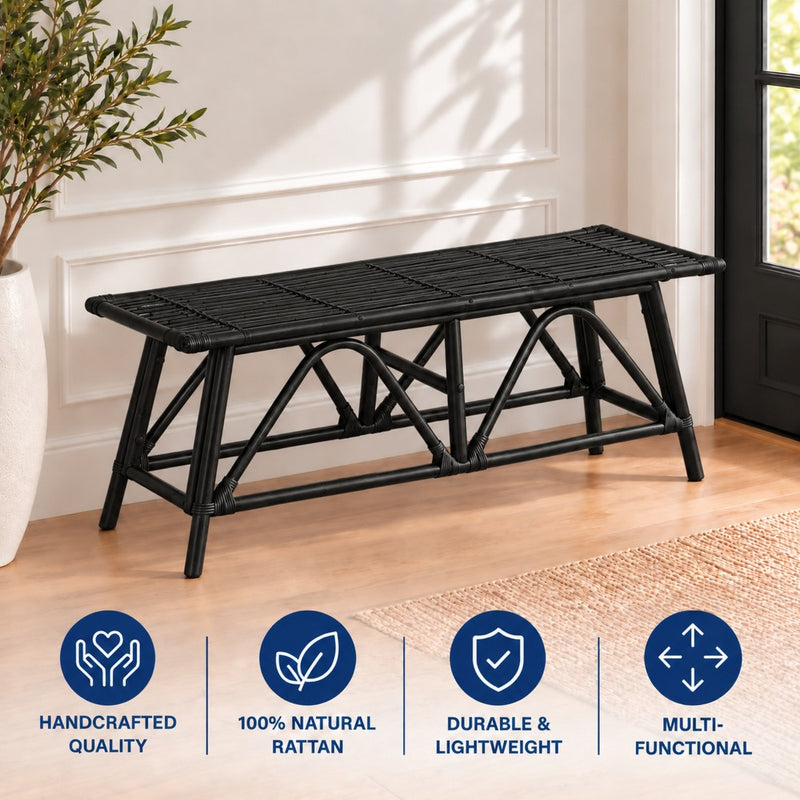 Spade 43.3 in. Coastal Bohemian 2-Seat 400-Lbs Support Handmade Slatted Rattan Bench - Black