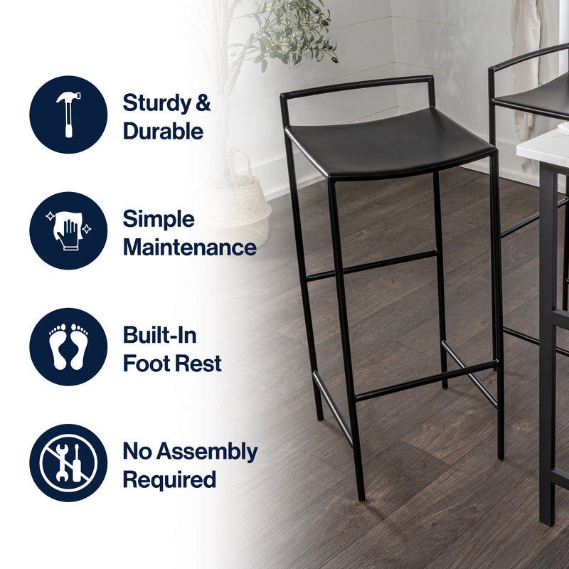 Svelte 30" Coastal Contemporary Iron Saddle-Seat Low-Back Bar Stool with Foot Rest