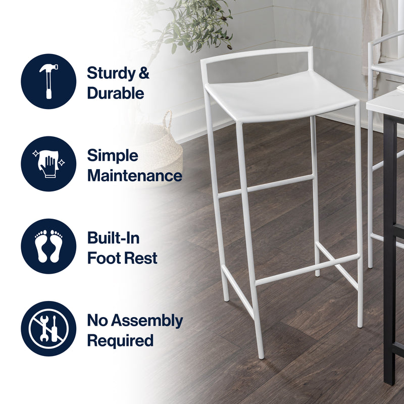 Svelte 30" Coastal Contemporary Iron Saddle-Seat Low-Back Bar Stool with Foot Rest