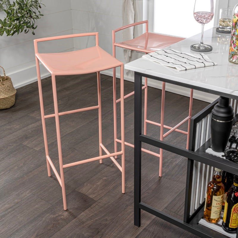 Svelte 30" Coastal Contemporary Iron Saddle-Seat Low-Back Bar Stool with Foot Rest