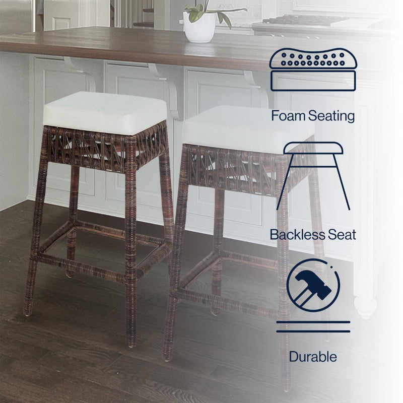 Bali Rustic Bohemian Hyacinth/Wood Backless Counter Stool - JONATHAN Y