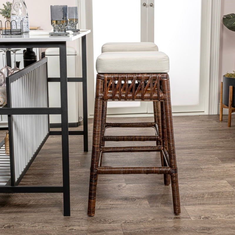 Bali Rustic Bohemian Hyacinth/Wood Backless Counter Stool - JONATHAN Y