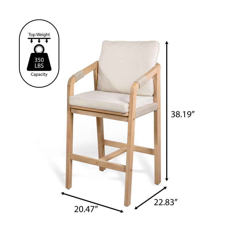 Porto Modern Coastal Tub Roped Acacia Wood Outdoor Bar Stool with Cushions and Armrests Set 2