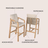 Porto Modern Coastal Tub Roped Acacia Wood Outdoor Bar Stool with Cushions and Armrests Set 2