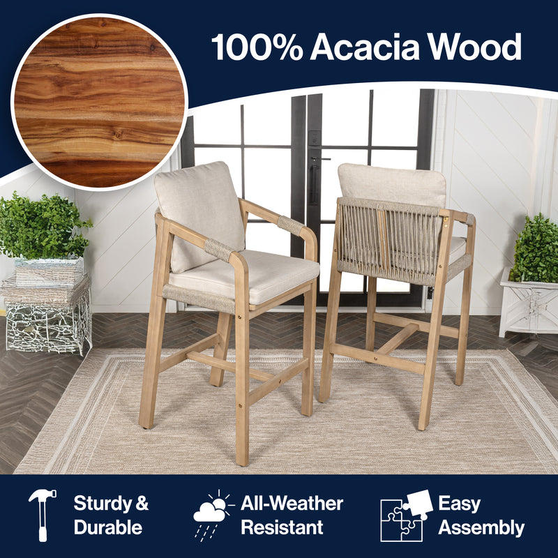 Porto Modern Coastal Tub Roped Acacia Wood Outdoor Bar Stool with Cushions and Armrests Set 2