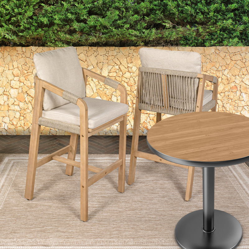 Porto Modern Coastal Tub Roped Acacia Wood Outdoor Bar Stool with Cushions and Armrests Set 2