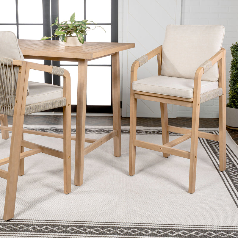 Porto Modern Coastal Tub Roped Acacia Wood Outdoor Bar Stool with Cushions and Armrests Set 2