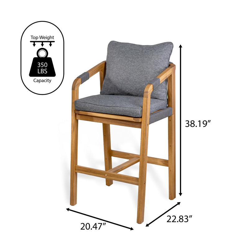 Porto Modern Coastal Tub Roped Acacia Wood Outdoor Bar Stool with Cushions and Armrests Set 2