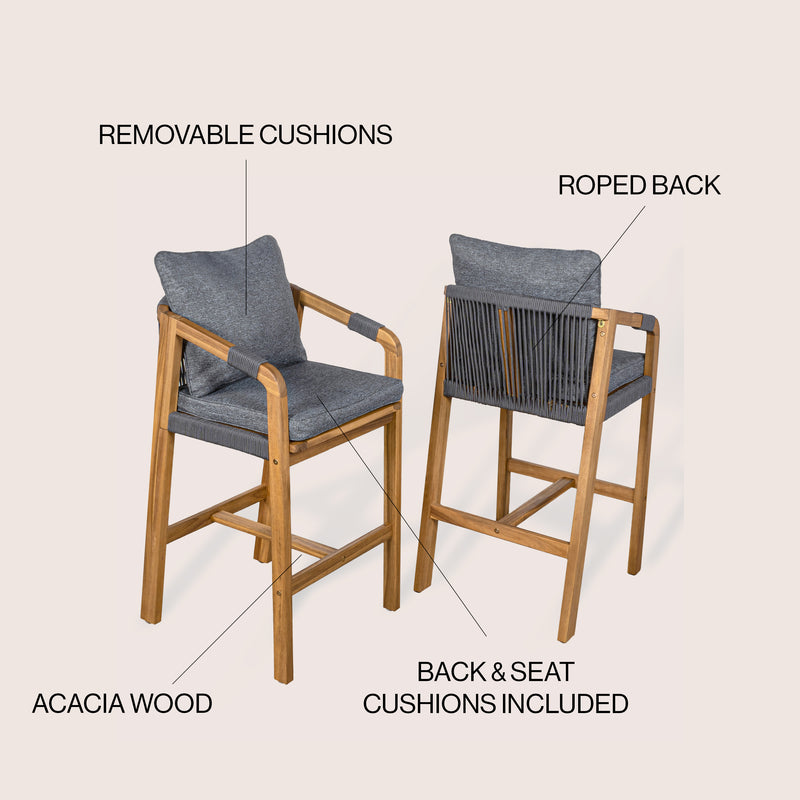 Porto Modern Coastal Tub Roped Acacia Wood Outdoor Bar Stool with Cushions and Armrests Set 2