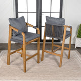 Porto Modern Coastal Tub Roped Acacia Wood Outdoor Bar Stool with Cushions and Armrests Set 2