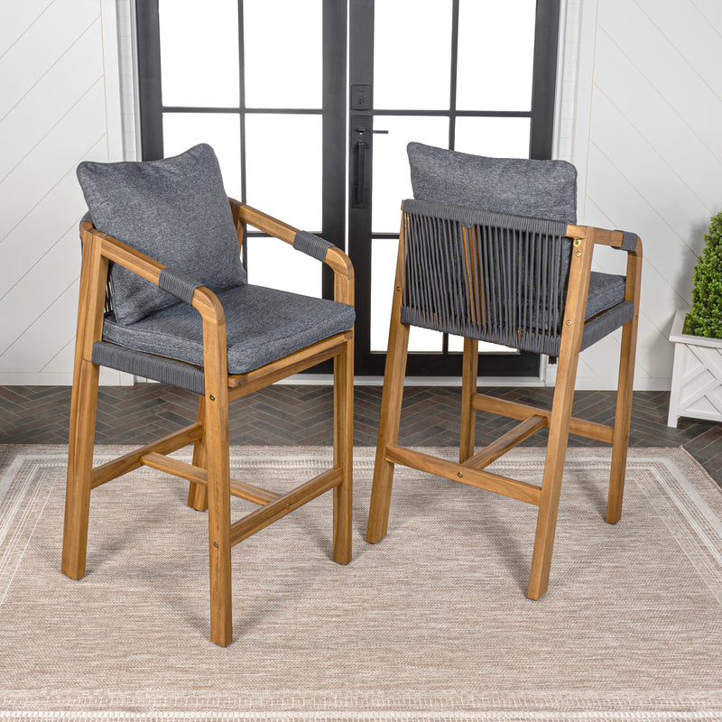 Porto Modern Coastal Tub Roped Acacia Wood Outdoor Bar Stool with Cushions and Armrests Set 2