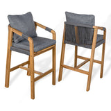 Porto Modern Coastal Tub Roped Acacia Wood Outdoor Bar Stool with Cushions and Armrests Set 2