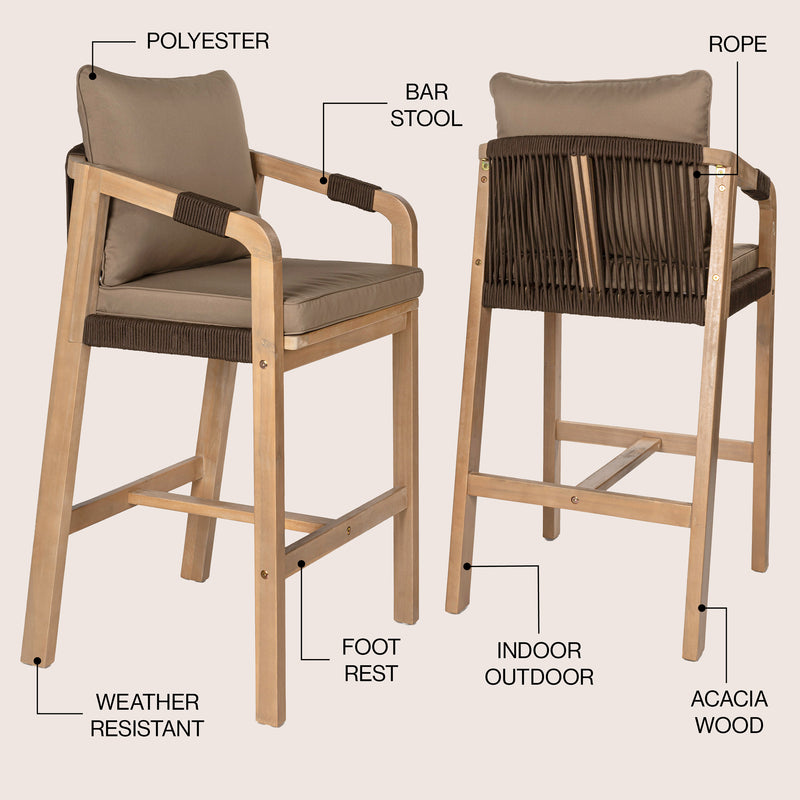 Porto Modern Coastal Tub Roped Acacia Wood Outdoor Bar Stool with Cushions and Armrests Set 2