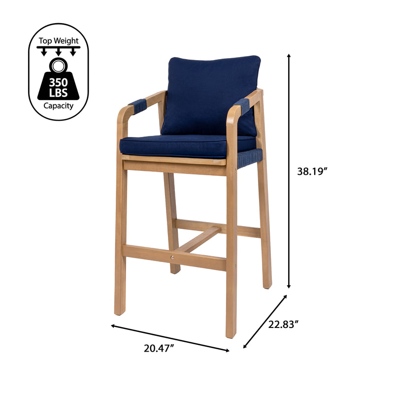 Porto Modern Coastal Tub Roped Acacia Wood Outdoor Bar Stool with Cushions and Armrests Set 2