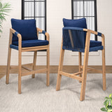 Porto Modern Coastal Tub Roped Acacia Wood Outdoor Bar Stool with Cushions and Armrests Set 2
