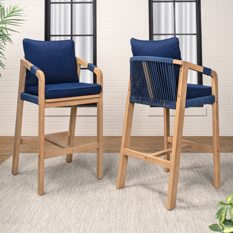 Porto Modern Coastal Tub Roped Acacia Wood Outdoor Bar Stool with Cushions and Armrests Set 2