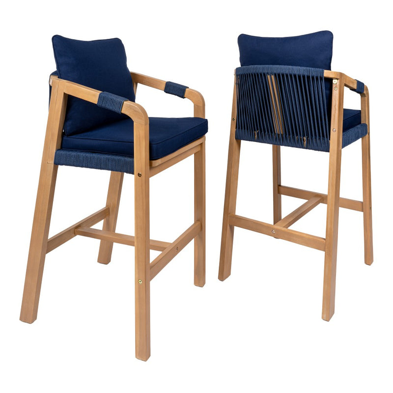 Porto Modern Coastal Tub Roped Acacia Wood Outdoor Bar Stool with Cushions and Armrests Set 2
