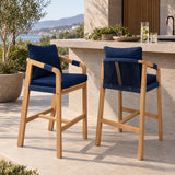 Porto Modern Coastal Tub Roped Acacia Wood Outdoor Bar Stool with Cushions and Armrests Set 2