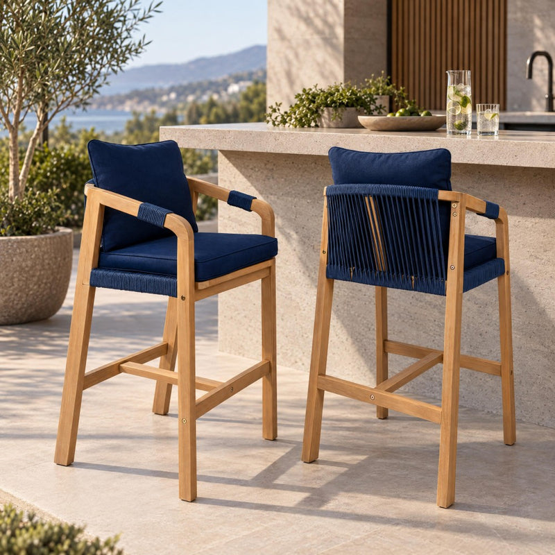 Porto Modern Coastal Tub Roped Acacia Wood Outdoor Bar Stool with Cushions and Armrests Set 2