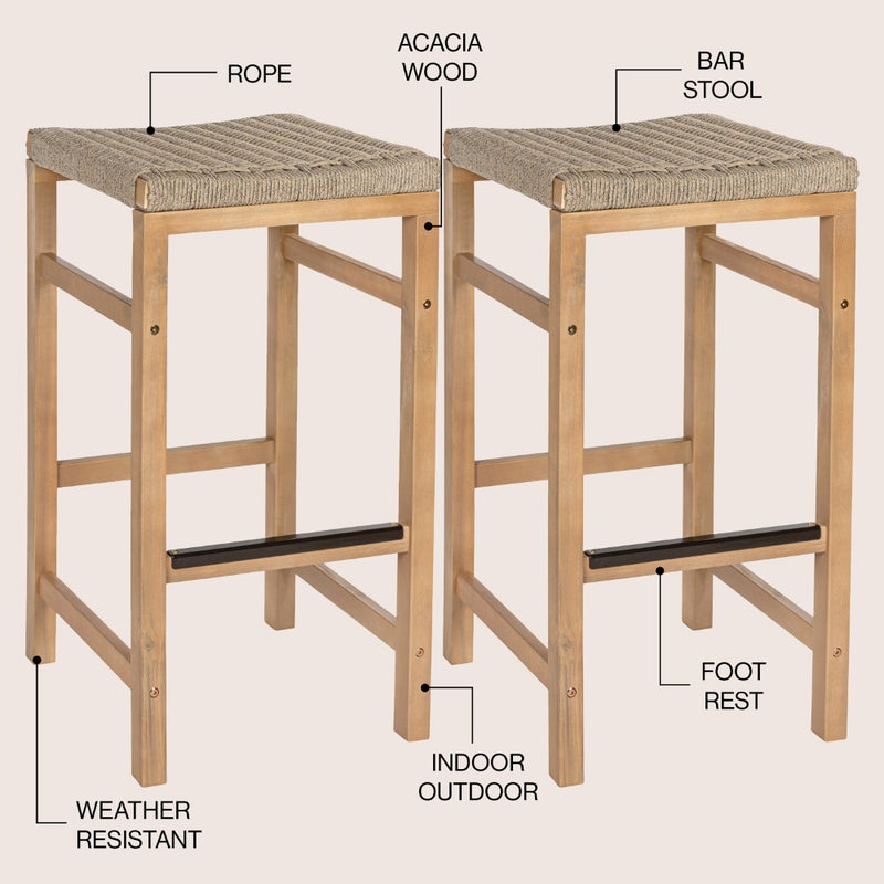 Armand 30" Modern Coastal Backless Acacia Wood Outdoor Bar Stool with Woven Rope Seat