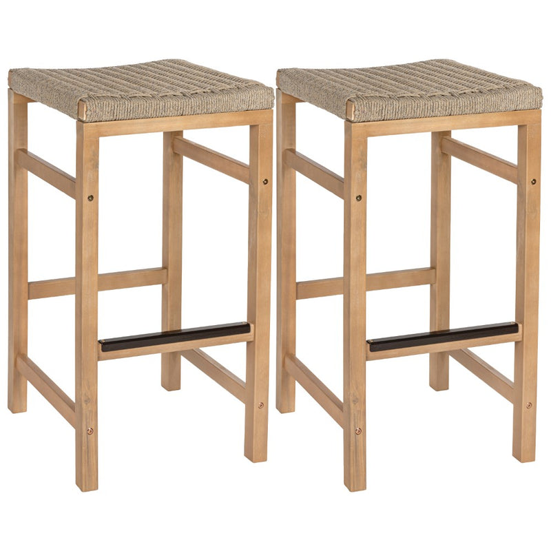 Armand 30" Modern Coastal Backless Acacia Wood Outdoor Bar Stool with Woven Rope Seat