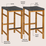 Armand 30" Modern Coastal Backless Acacia Wood Outdoor Bar Stool with Woven Rope Seat