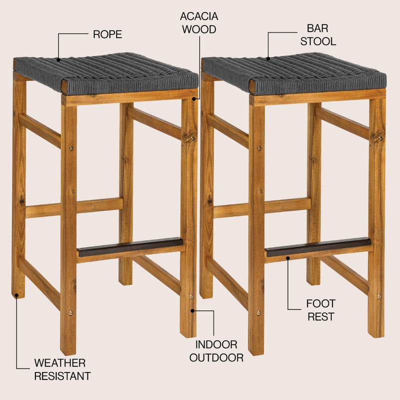 Armand 30" Modern Coastal Backless Acacia Wood Outdoor Bar Stool with Woven Rope Seat