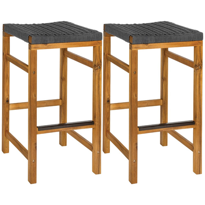 Armand 30" Modern Coastal Backless Acacia Wood Outdoor Bar Stool with Woven Rope Seat