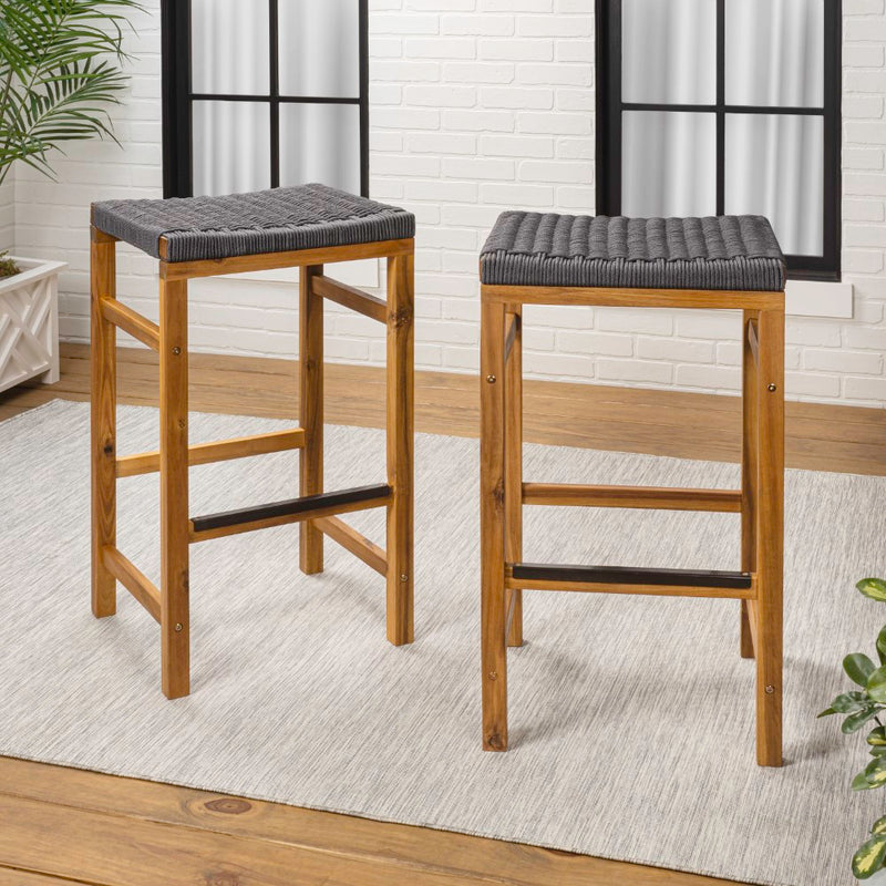 Armand 30" Modern Coastal Backless Acacia Wood Outdoor Bar Stool with Woven Rope Seat