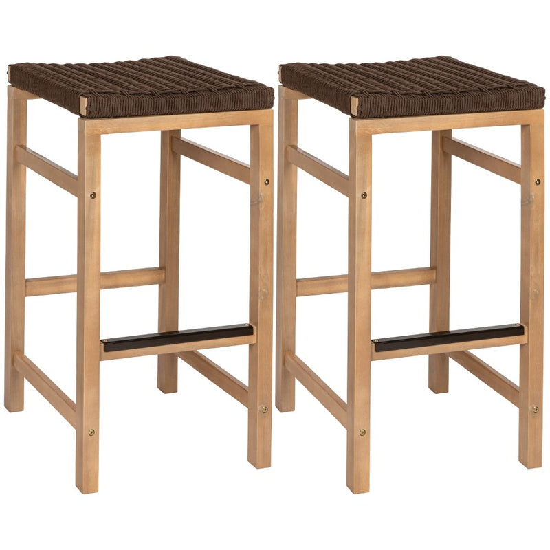 Armand 30" Modern Coastal Backless Acacia Wood Outdoor Bar Stool with Woven Rope Seat