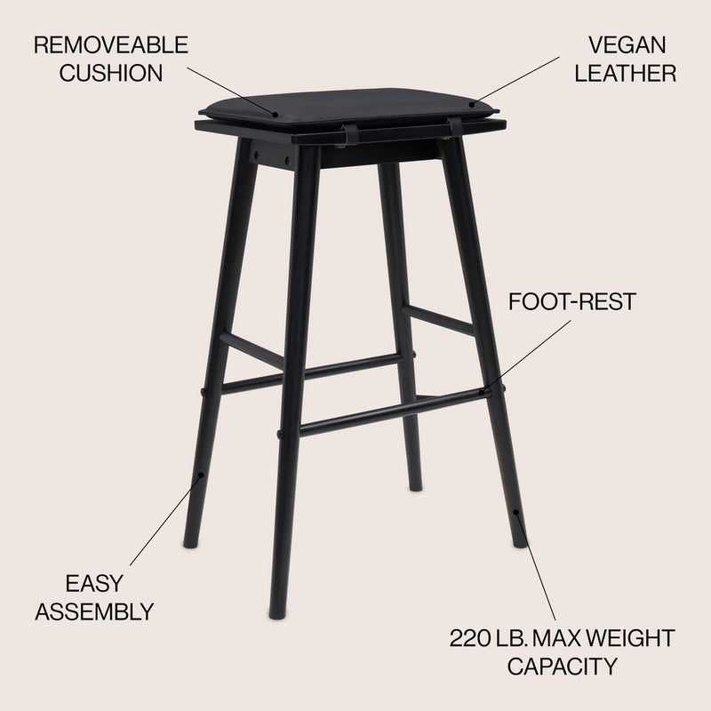 Peroni MidCentury Classic Saddle-Seat Solid Wood/Vegan Leather Backless Bar Stool with Removeable Cushion