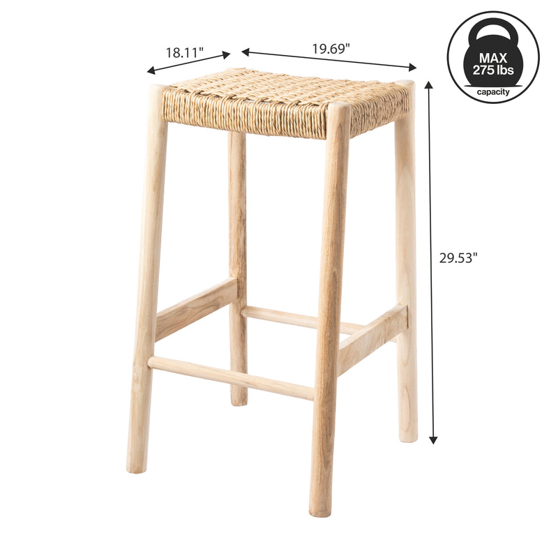 Armati Coastal Casual Handcrafted Teak Wood Backless Indoor/Outdoor Bar Stool with Synthetic Woven Seat