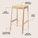 Armati Coastal Casual Handcrafted Teak Wood Backless Indoor/Outdoor Bar Stool with Synthetic Woven Seat