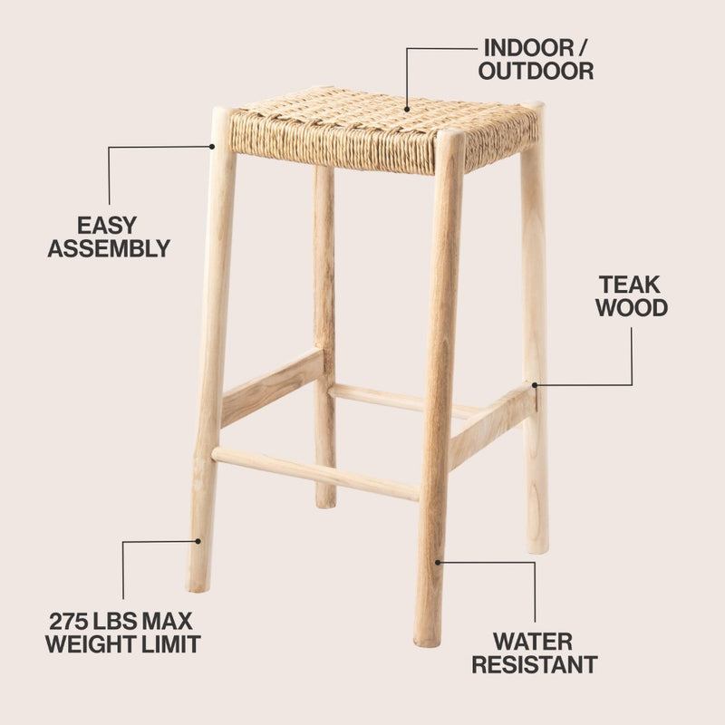 Armati Coastal Casual Handcrafted Teak Wood Backless Indoor/Outdoor Bar Stool with Synthetic Woven Seat