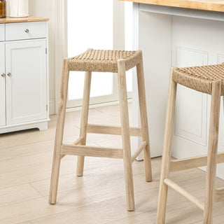 Armati Coastal Casual Handcrafted Teak Wood Backless Indoor/Outdoor Bar Stool with Synthetic Woven Seat