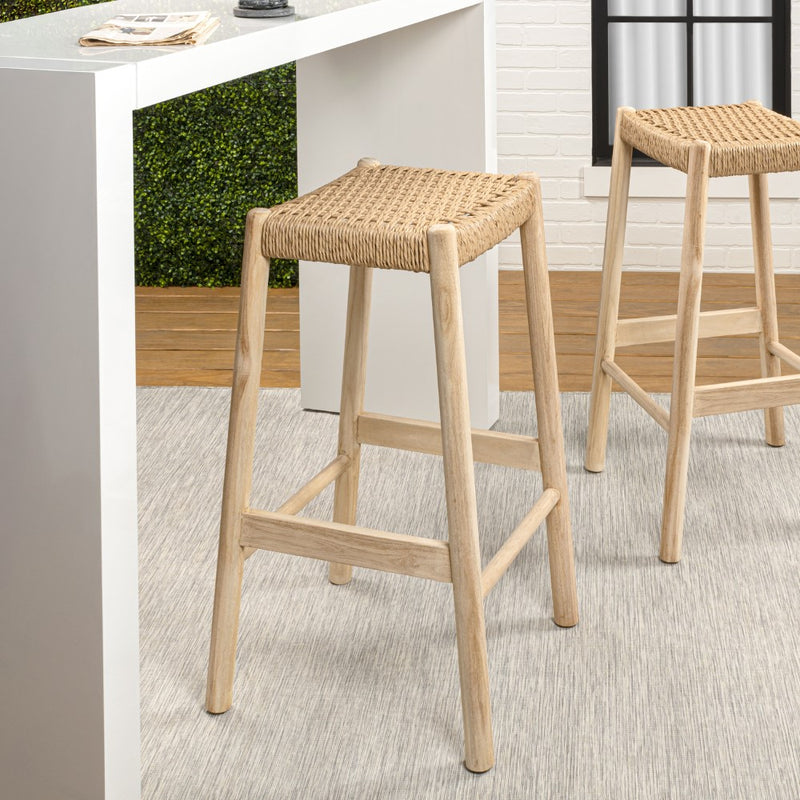 Armati Coastal Casual Handcrafted Teak Wood Backless Indoor/Outdoor Bar Stool with Synthetic Woven Seat