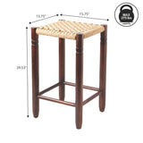 Columnar Casual Bohemian Handcrafted Teak Wood Backless Indoor/Outdoor Bar Stool with Synthetic Woven Rattan Seat