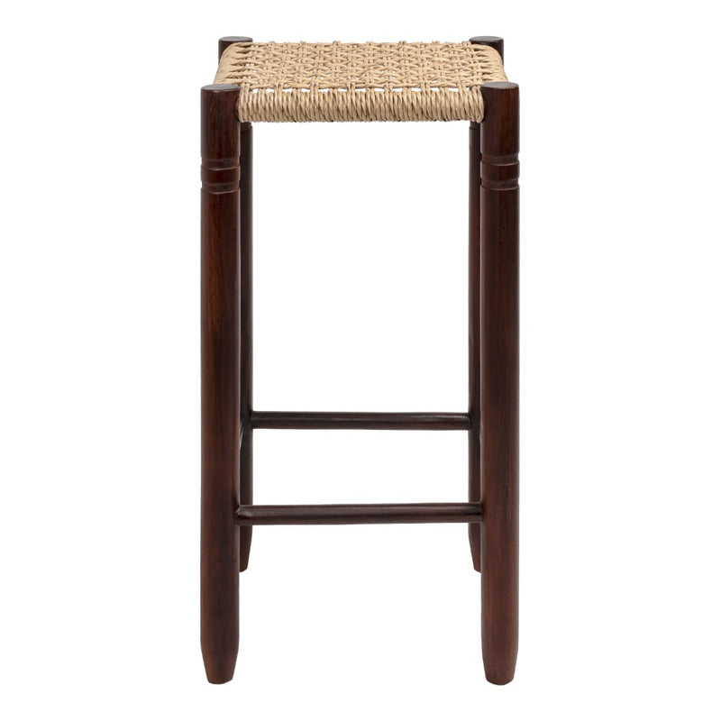 Columnar Casual Bohemian Handcrafted Teak Wood Backless Indoor/Outdoor Bar Stool with Synthetic Woven Rattan Seat