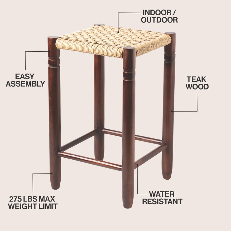 Columnar Casual Bohemian Handcrafted Teak Wood Backless Indoor/Outdoor Bar Stool with Synthetic Woven Rattan Seat