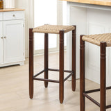 Columnar Casual Bohemian Handcrafted Teak Wood Backless Indoor/Outdoor Bar Stool with Synthetic Woven Rattan Seat
