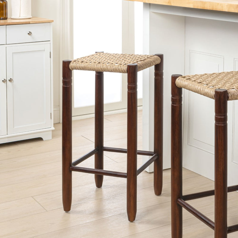 Columnar Casual Bohemian Handcrafted Teak Wood Backless Indoor/Outdoor Bar Stool with Synthetic Woven Rattan Seat