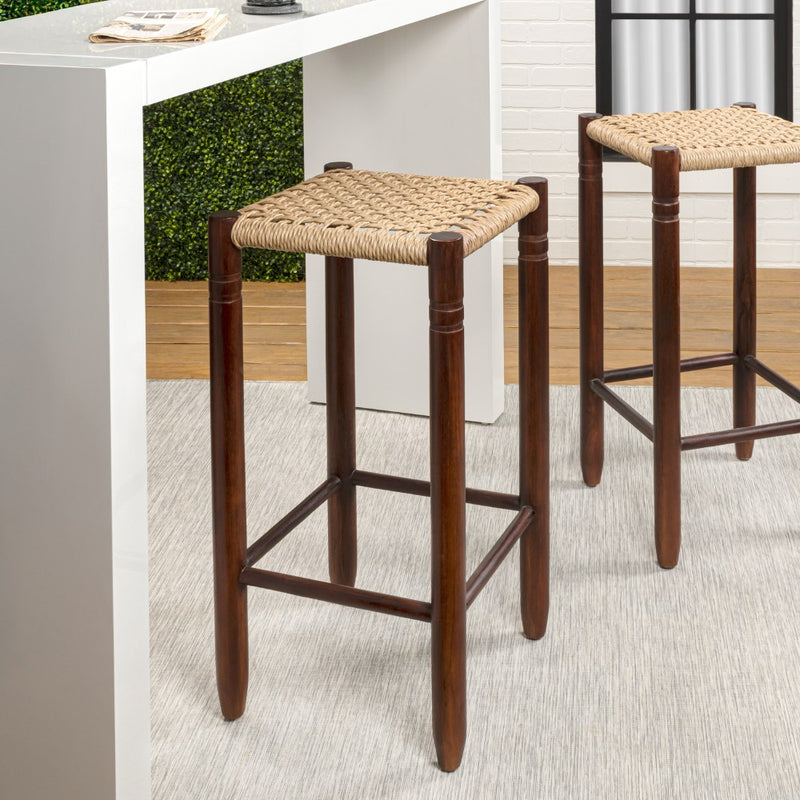 Columnar Casual Bohemian Handcrafted Teak Wood Backless Indoor/Outdoor Bar Stool with Synthetic Woven Rattan Seat